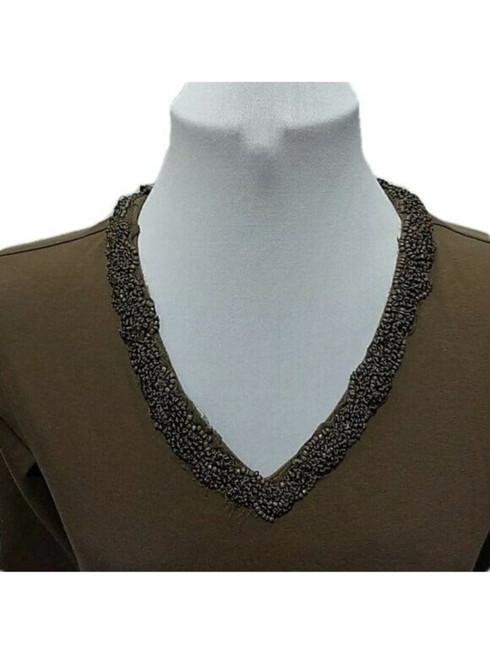 Kate Hill Beaded V-Neck Top Brown Womens Small Petite 3/4 Quarter Sleeve